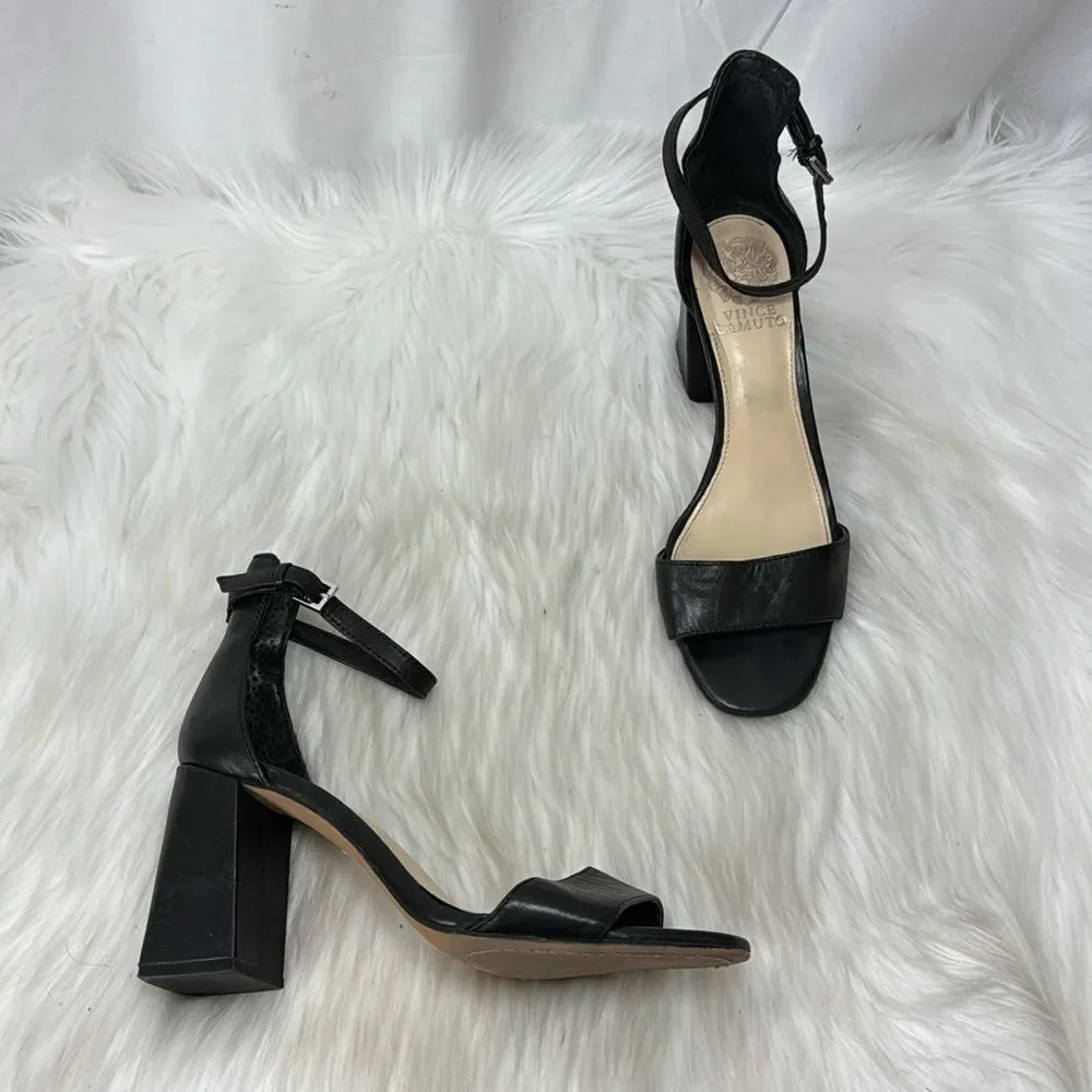 Vince Camuto Winderly Black Leather Ankle Strap Heeled Sandals Sz 7.5‎